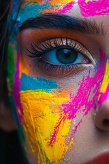 Sticker - A close up of a woman's face covered in colorful paint