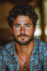 Canvas Print - A man with a beard and a plaid shirt is looking at the camera