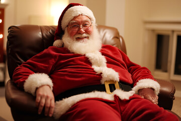 Poster - A man in a santa suit sitting in a brown leather chair