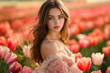 Wall Mural - A woman in a field of pink tulips posing for a picture