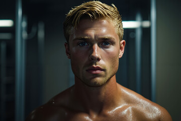 Poster - A shirtless man standing in front of a mirror in a bathroom