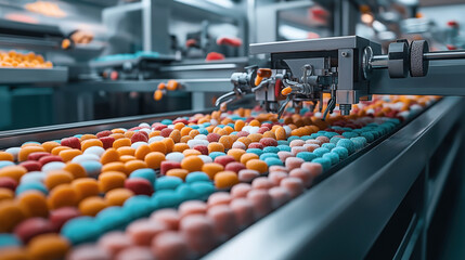 Canvas Print - Automated production line in a factory producing colorful, coated candy. The machinery is sorting a variety of colorful gummy candies in a manufacturing setting.