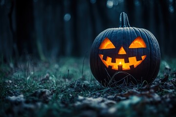 Glowing Jack-o'-lantern in twilight forest, spooky atmosphere