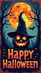 Halloween background with text Happy Halloween. Colorfull poster in cartoon style