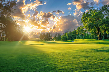 golf course at sunset with beautiful sky, clouds and green grass