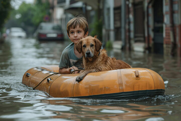 little kid boy and a dog on a inflatable boat on the street