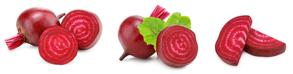 Wall Mural - beetroot with pieces of beetroot and green leaf isolated on white background. clipping path