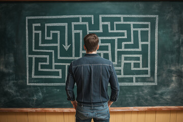 A man stands in front of a chalkboard with a complex maze drawn on it.