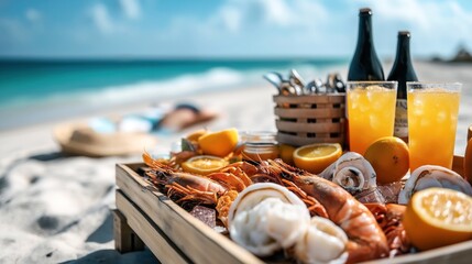 Sticker - Close-up of a tray with fresh seafood, lemon slices, and orange drinks on a beach, with a blurred person lounging in the background near the sea.