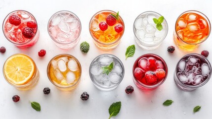 Wall Mural - A variety of refreshing drinks with fruit and ice in glasses on a white background.