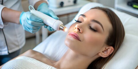 Beauty treatment of facial skin using a high-frequency infrared spot or laser spot remover in a spa center.



