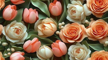 Sticker - Soft pastel tulips and roses in shades of light pink and cream, gently intertwined with green foliage, seamless pattern design, hd quality, detailed petals and leaves,