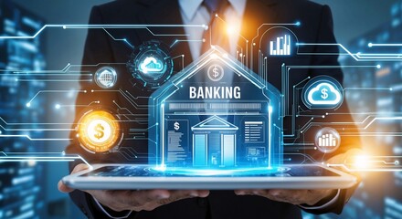 Digital Banking Revolution:  A businessman holds a tablet showcasing a futuristic digital representation of a bank, symbolizing the transformative power of technology in the financial sector.  