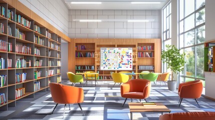 Poster - A library with a large number of books and a white board with a map on it