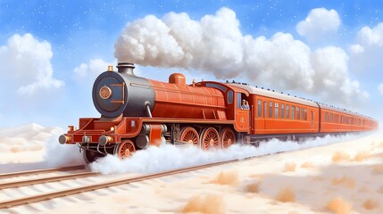 A vibrant red train chugs along a sandy landscape, surrounded by fluffy clouds in a bright blue sky, evoking a nostalgic and adventurous spirit.