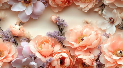 Poster - Soft peony and magnolia blooms in shades of blush pink, peach, and light lavender, delicately arranged in a seamless pattern, hd quality, intricate petal details, soft shadows,