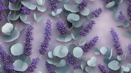 Poster - Subtle lavender flowers and eucalyptus leaves, pastel tones of purple and green, seamless floral pattern, hd quality, delicate petal and leaf details, gentle light play, softly textured background,