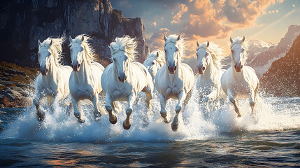 seven running white horses wall painting mountain morning view background. majestic and powerful sce
