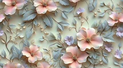 Sticker - Vintage-inspired pastel floral motifs, blush pink and light lavender flowers with soft green leaves, seamlessly arranged in a repeating pattern, hd quality, soft shadows and glowing light,