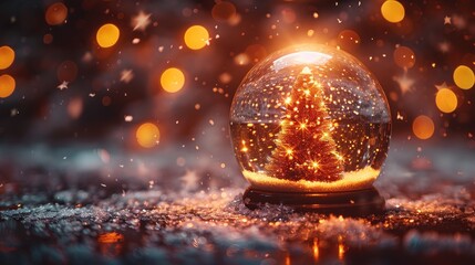 Wall Mural - A magical Christmas snow globe illuminating a cozy winter scene with a charming evergreen tree at twilight. Generative AI