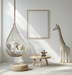 white wall in a children's room with a wooden frame mockup, Scandinavian-style interior design, cozy home decor, a hanging hammock, and a giraffe toy in the background