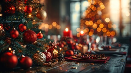 Wall Mural - A festive holiday dining setup adorned with twinkling lights and elegant decorations in a cozy setting. Generative AI