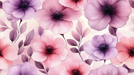 Wall Mural - Watercolor pastel garden flowers, soft pink and light lavender hues, delicately arranged with flowing leaves, seamless floral pattern, hd quality, intricate details, soft glowing light,