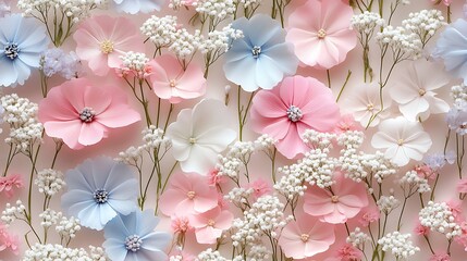 Wall Mural - A seamless floral pattern of baby's breath and pastel wildflowers, soft hues of light pink, pale blue, and white, hd quality, intricate petal and leaf details, delicate shadows,