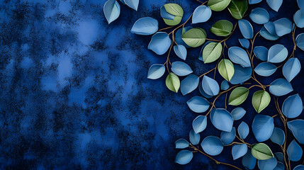 Wall Mural - A close-up of a blue wall adorned with leaves on one side and a plant positioned to its right