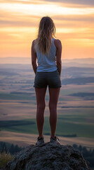 Canvas Print - Successful Woman Overlooking Sunset Landscape Symbolizing Achievement  