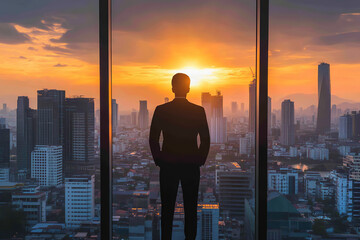 Poster - Successful Businessman Overlooking City Skyline at Sunset  