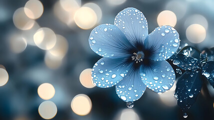 Wall Mural - Blue flower with water droplets and background blurred lights