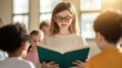 © GreenMOM - A focused girl reads a book to an attentive group of children in a bright classroom, promoting literacy and learning.
