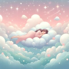 Wall Mural - dreamy illustration of a woman peacefully sleeping on a fluffy cloud high in the sky surrounded by a