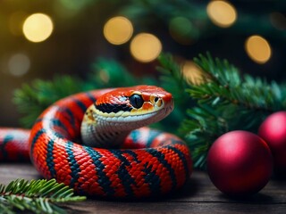 red new year snake symbol of 2025 christmas card on blurred background of fir tree garlands and festive atmosphere