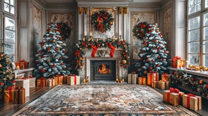 Wall Mural - A cozy winter living room adorned with festive decorations and a crackling fire during the holiday season. Generative AI