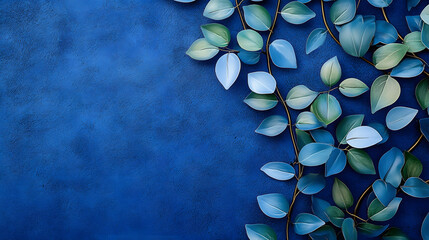 Wall Mural - A close-up of a blue wall adorned with leaves on one side and a plant positioned to its right