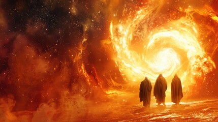 Wall Mural - fiery furnance with religious people walking through