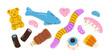 © Good Studio - Gummy candies set. Jelly sweets. Gum bear, worm, jaws, eyeball and bottle. Sweet chewy snacks, sugar treats, confections. Funny confectionery. Flat vector illustration isolated on white background