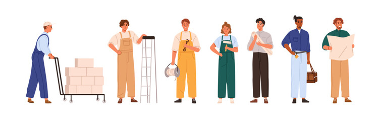 Poster - Construction workers, builders with tools, set. Male and female repair professionals, contractors, repairmen, handymen with building equipment. Flat vector illustration isolated on white background