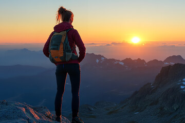 triumph at dawn: woman celebrates summit achievement with scenic view