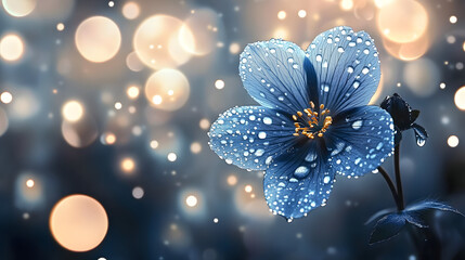 Wall Mural - Blue flower with water droplets and background blurred lights