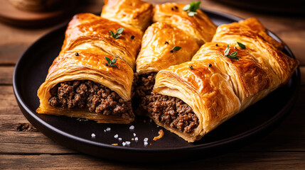 Wall Mural - Golden-brown puff pastry filled with seasoned ground meat, garnished with fresh herbs, served on a dark plate on a rustic wooden table.