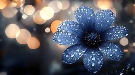 Wall Mural - Blue flower with water droplets and background blurred lights