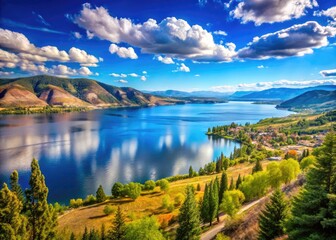 Wall Mural - Scenic View of Okanagan Lake and Mountains in Vernon, Canada with Clear Blue Skies and Nature Beauty