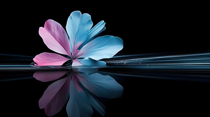 Wall Mural - Pink-blue flower on black background with top and bottom reflections