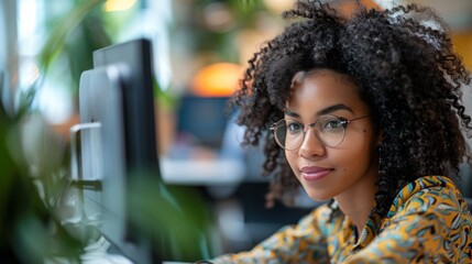 Aufkleber - A woman with curly hair is sitting in front of a computer monitor