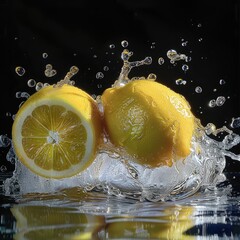 Poster - Lemons in the water. black background. Fresh yellow lemons falling into water.