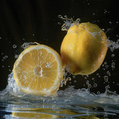 Poster - Lemons in the water. black background. Fresh yellow lemons falling into water.