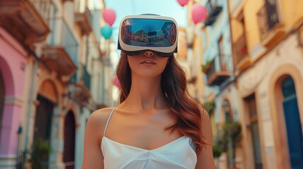 Poster - Front view of a beautiful woman, she wears VR glasses and walks in a downtown street with pastel colored buildings, with flying balloons.
